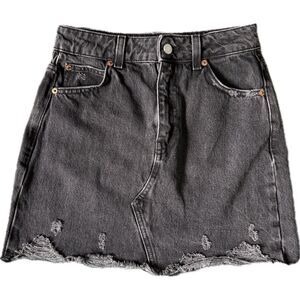 Topshop Faded Black Distressed Denim Mini Skirt size 2 100% Cotton Biker Grunge